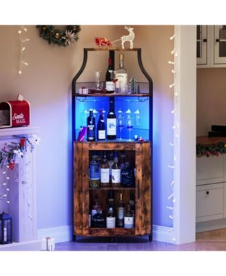 Corner Wine Cabinet with Detachable Wine Rack, 5-Tier Industrial Corner Bar Cabinet with Barn Door and Glass Holder, Farmhouse Buffet Cabinet