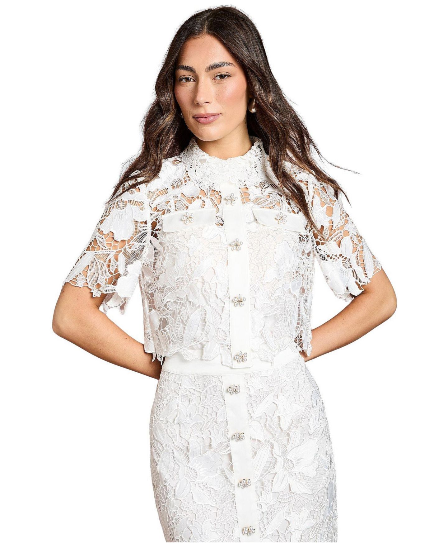Женская рубашка Coast Lace Detail Short Sleeve Collared, цвет: Слоновая кость — фото 1