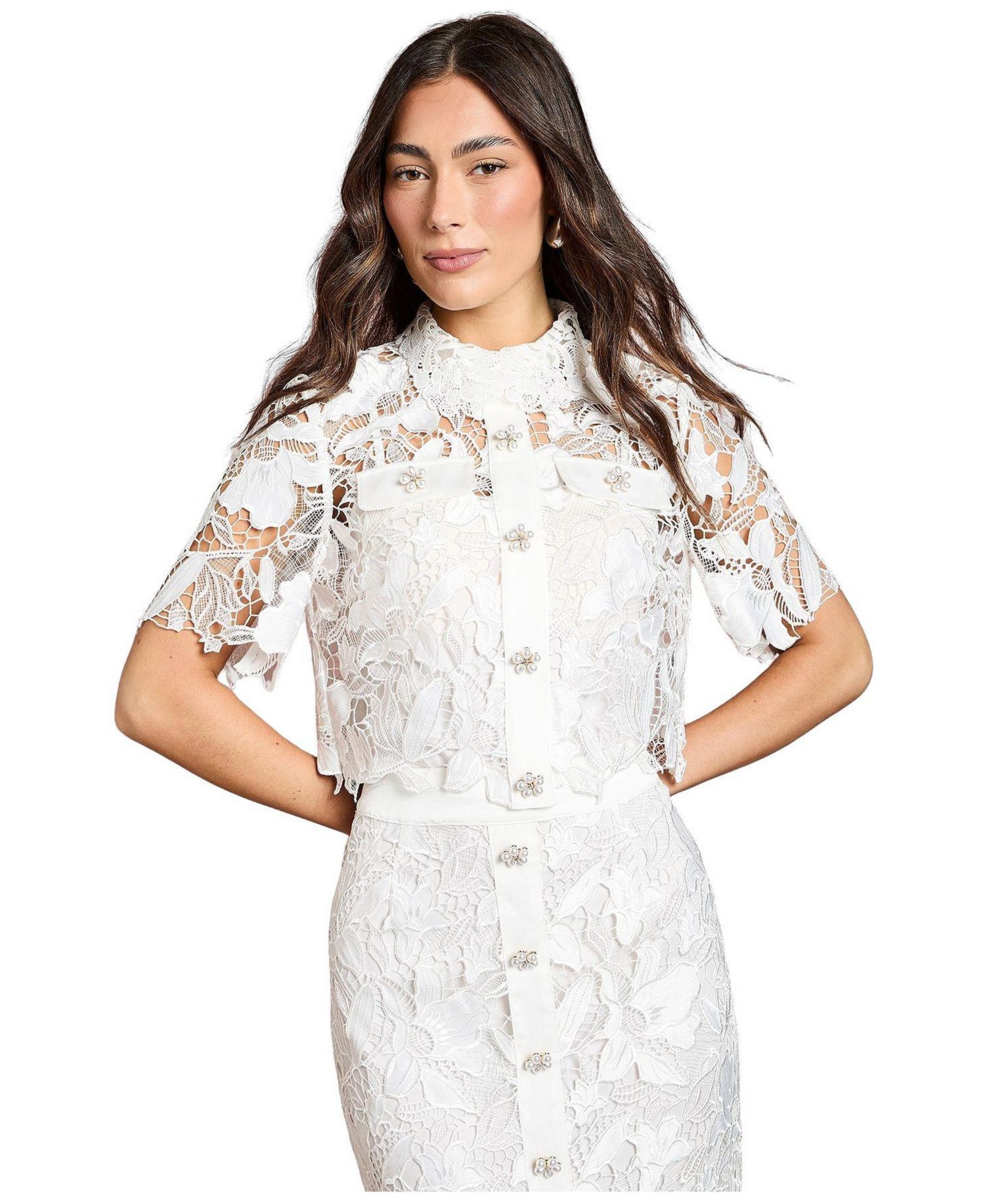 Women's Lace Detail Short Sleeve Collared Shirt