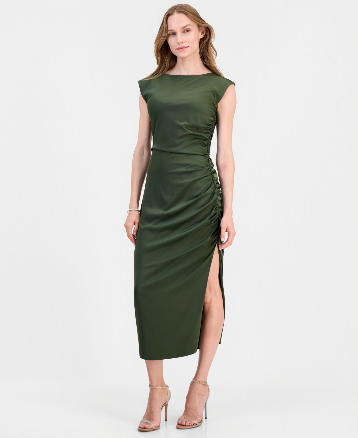 Felicity Ruched Satin Side Slit Midi Dress