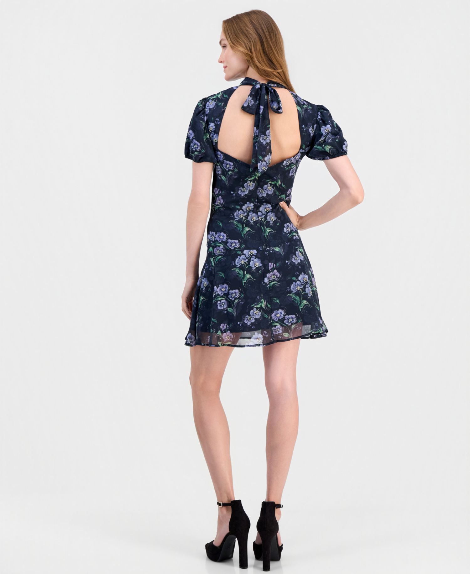 Floral-Print Puff-Sleeve A-Line Lark Tie Back Mini Dress