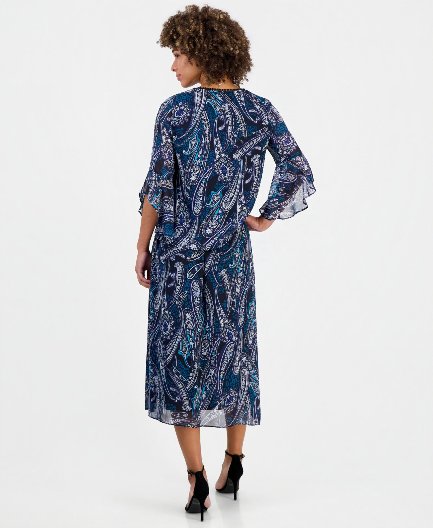 Women's Printed V-Neck Ruffle-Sleeve Blouse & Pleated Pull-On Midi Skirt