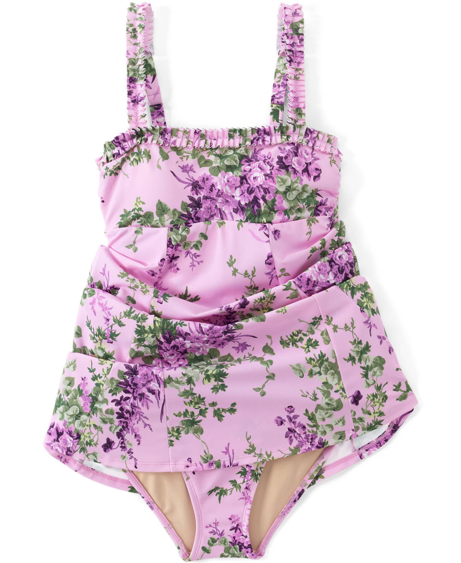 Women's Tugless Pleated Ruffle Swim Dress