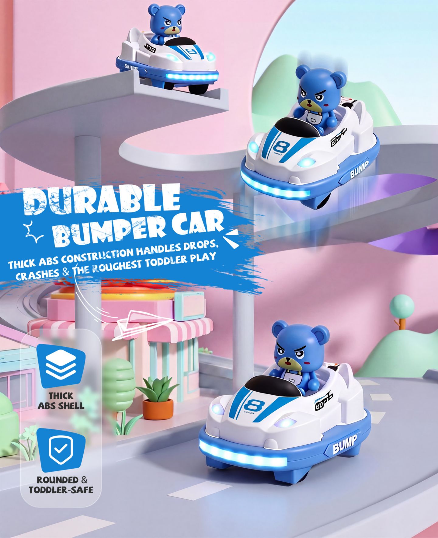 Детские игрушки SUGIFT RC Bumper Cars Toys 2 Pack Kids LED Battle Set with Pop Up Figures, цвет: Розовый / Синий — фото 7