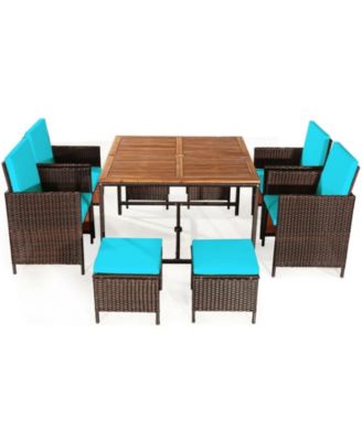 9 Piece Patio Rattan Dining Set with 4 Cushioned Chairs and 4 Ottomans