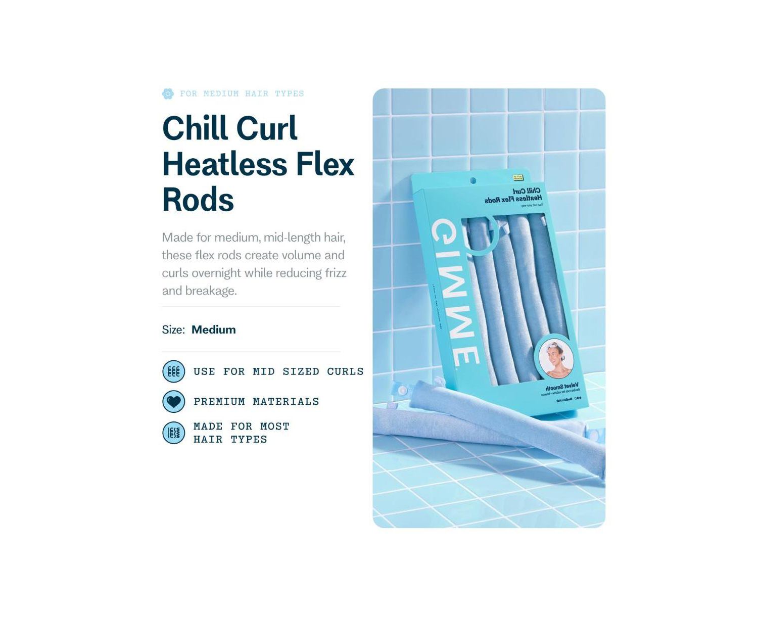 Chill Curl Heatless Flex Rods Gentle and Bendable Hair Rods for Overnight Curls Snap Closure for Secure Hold Medium Hair, 6 Count