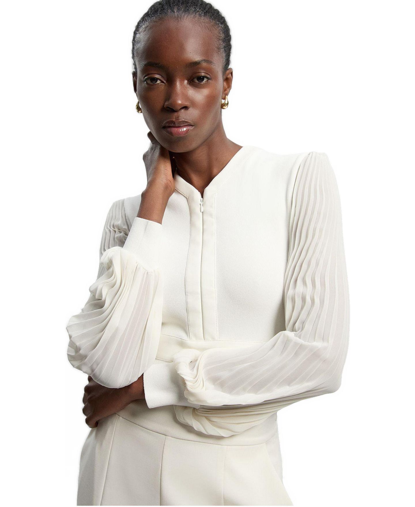 Женский топ Karen Millen Pleated Sleeve Zip-Neck, цвет: Слоновая кость — фото 2