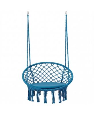 Macrame Bohemian Swing Hammock Chair with Round Cushion and Metal Rings