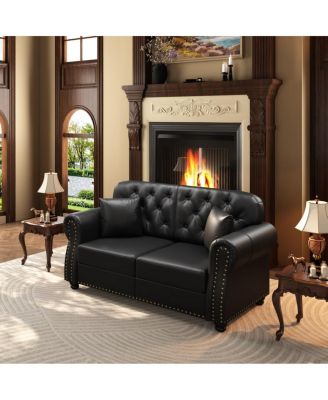 63'' Faux Leather Loveseat, Nailhead Tufted Chesterfield, Wood Frame