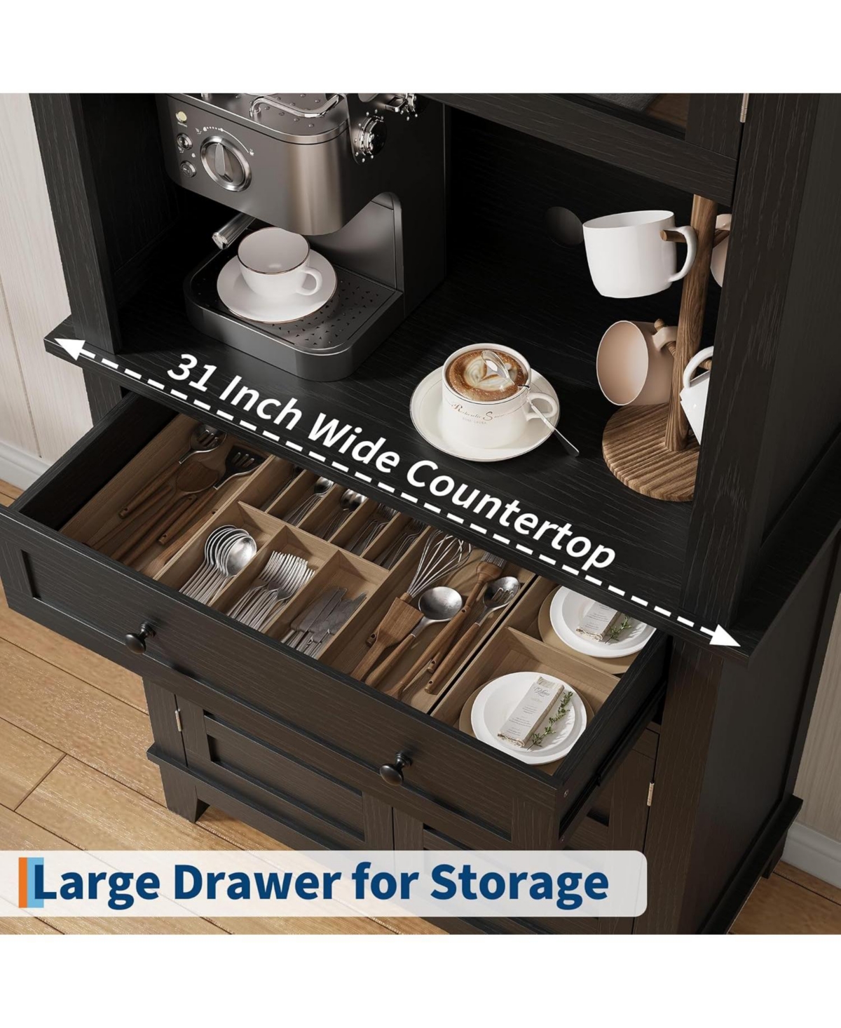 homfan Farmhouse 72'' Coffee Bar Cabinet with Glass Doors and Drawer