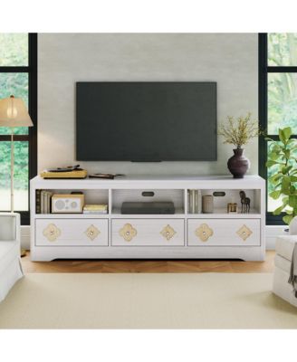 Farmhouse 70" TV Stand for TVs Up to 85" - Mid Century Entertainment Center with Carved Drawer and Open Shelves, TV Console for Living Room