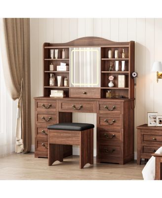 Vanity Desk with Mirror and LED Lights - Includes Chair, 10 Drawers and 8 Shelves, Makeup Table with Power Outlet for Bedroom