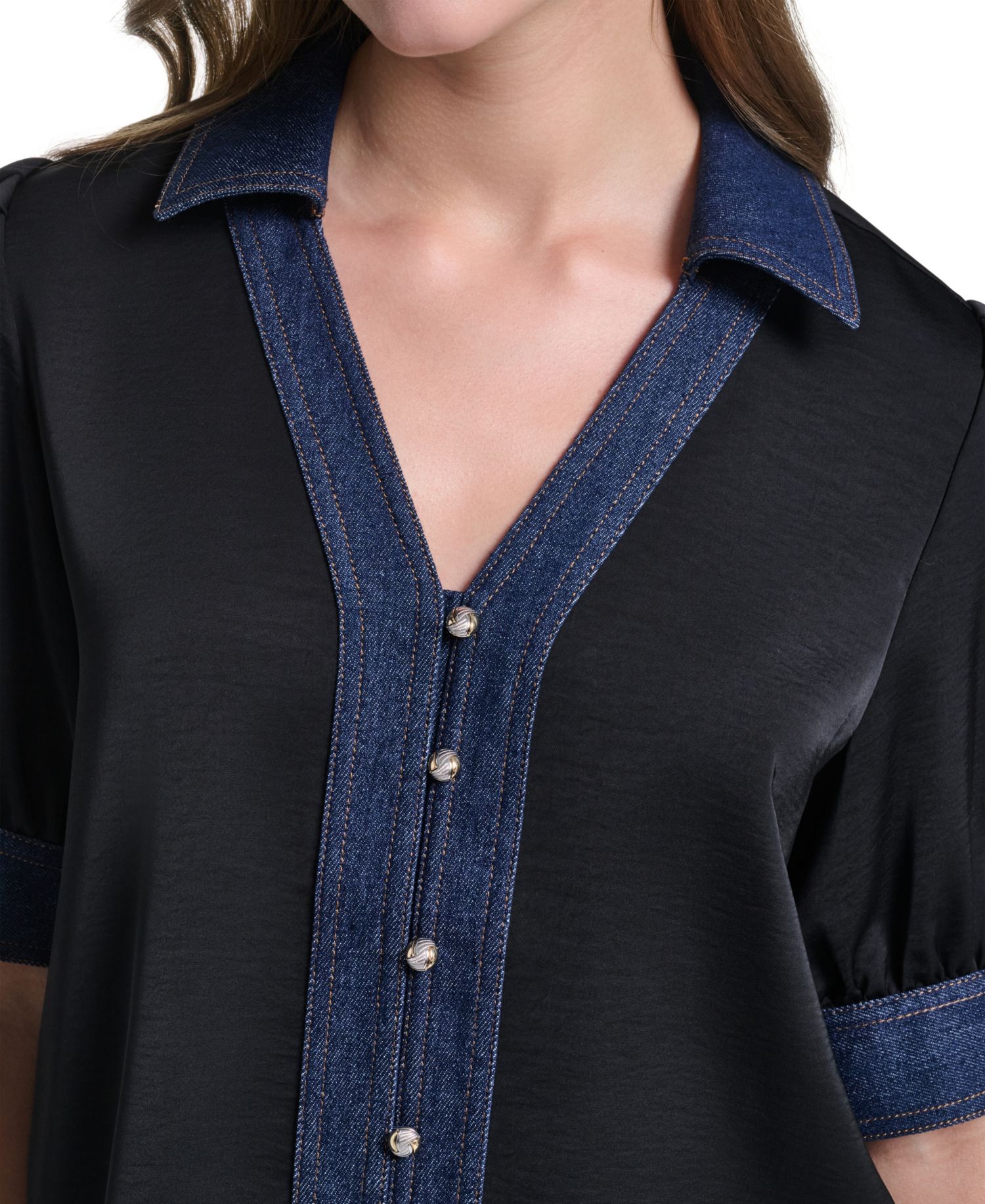 Petite Denim Collar Button-Front Blouse