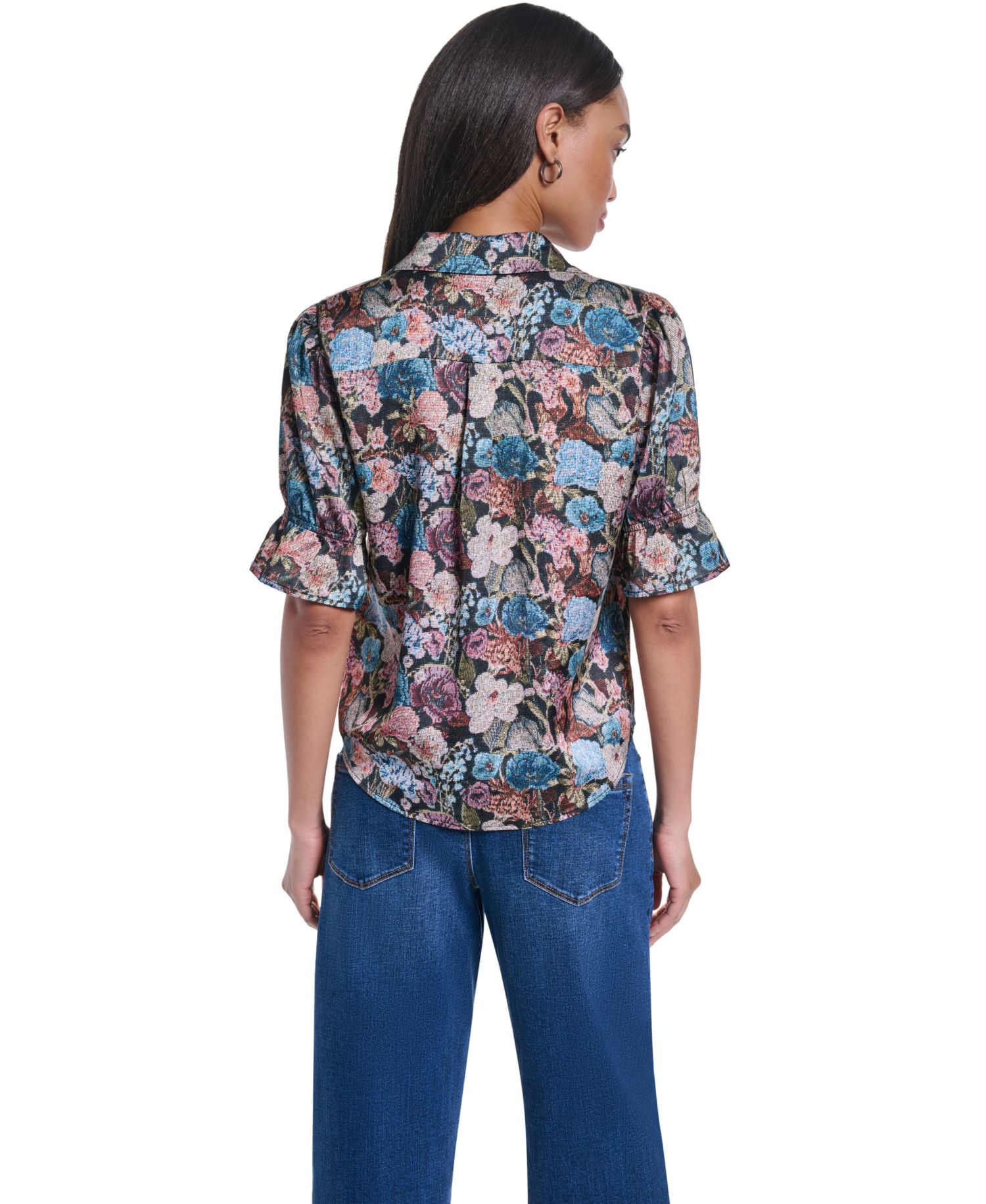 Women's Floral Brocade Print 3/4-Sleeve Button-Up Blouse