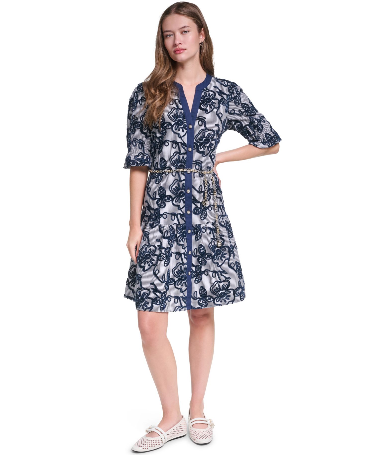 Women's Velvet Embroidery 3/4-Sleeve Chain Belt Dress