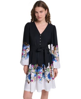 Women's Floral Long-Sleeve Self-Tie Button-Front Dress