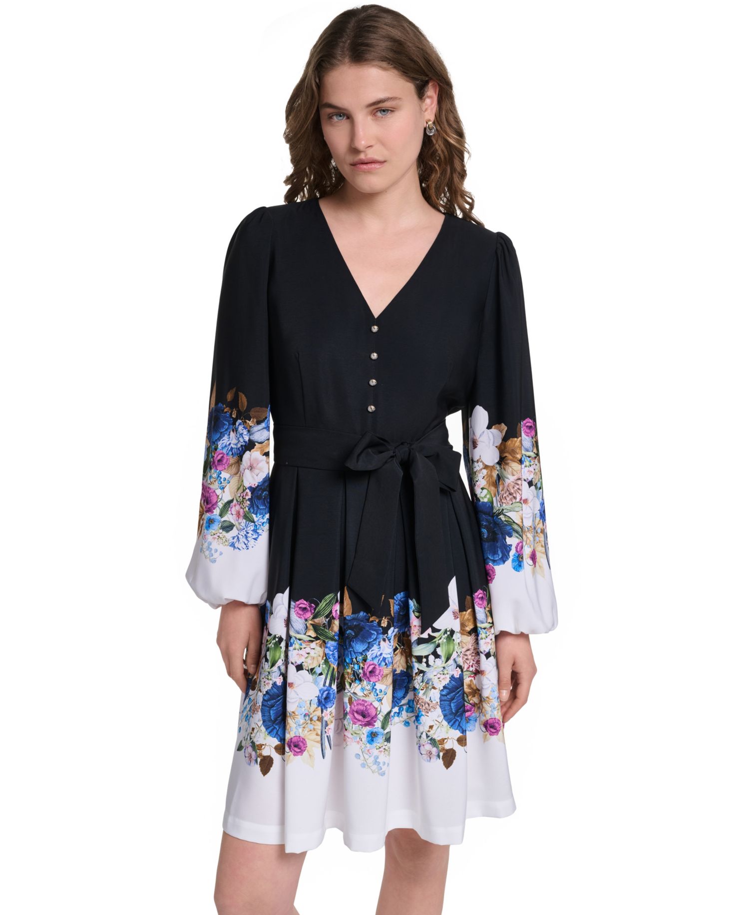 Women's Floral Long-Sleeve Self-Tie Button-Front Dress
