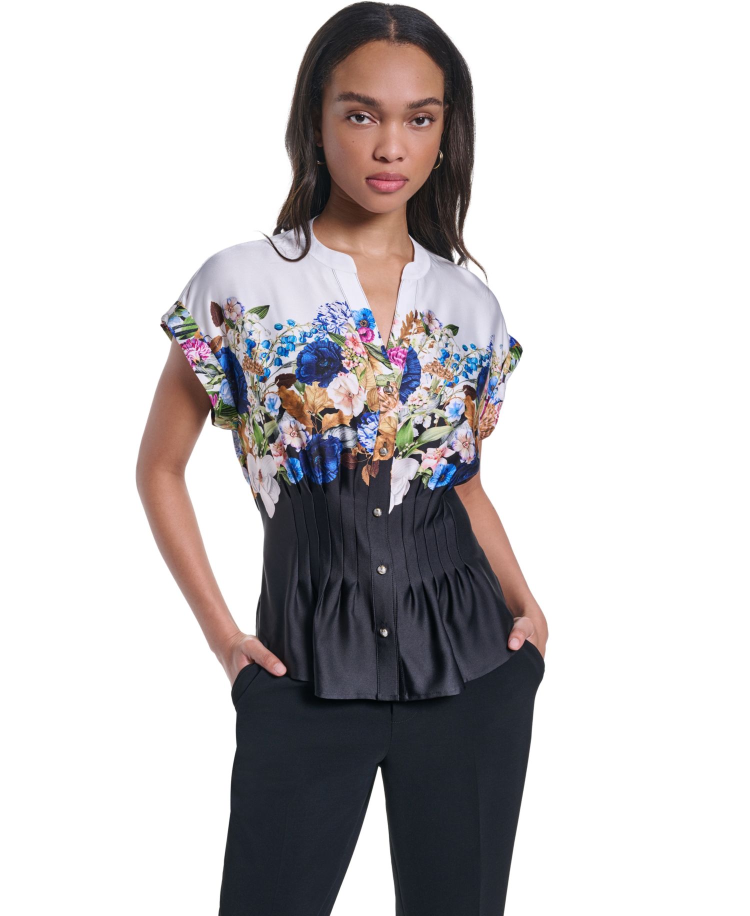Women's Floral Pleated Button-Front Blouse