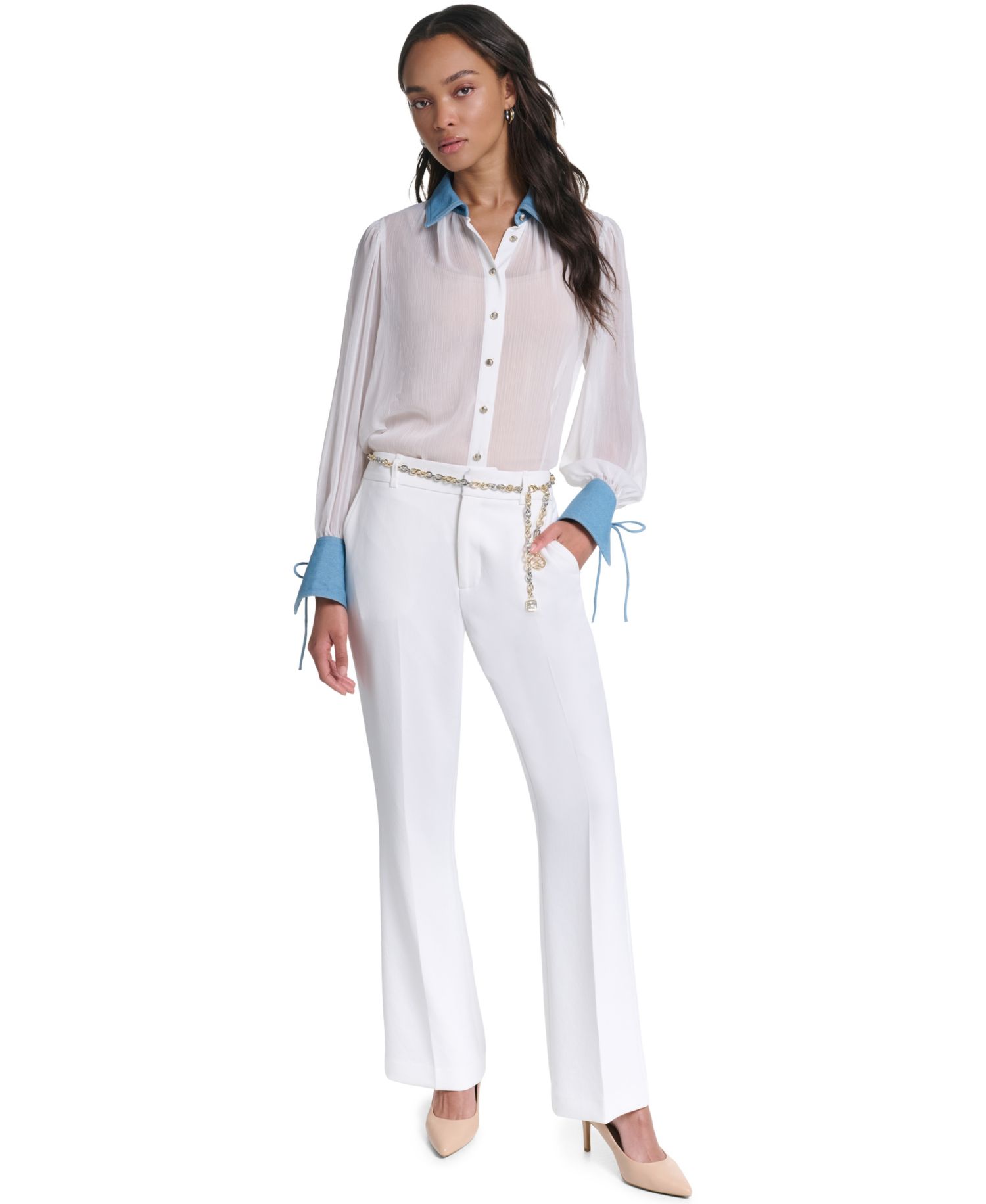 Petite Denim Collar and Cuff Crinkle Chiffon Button-Up Top