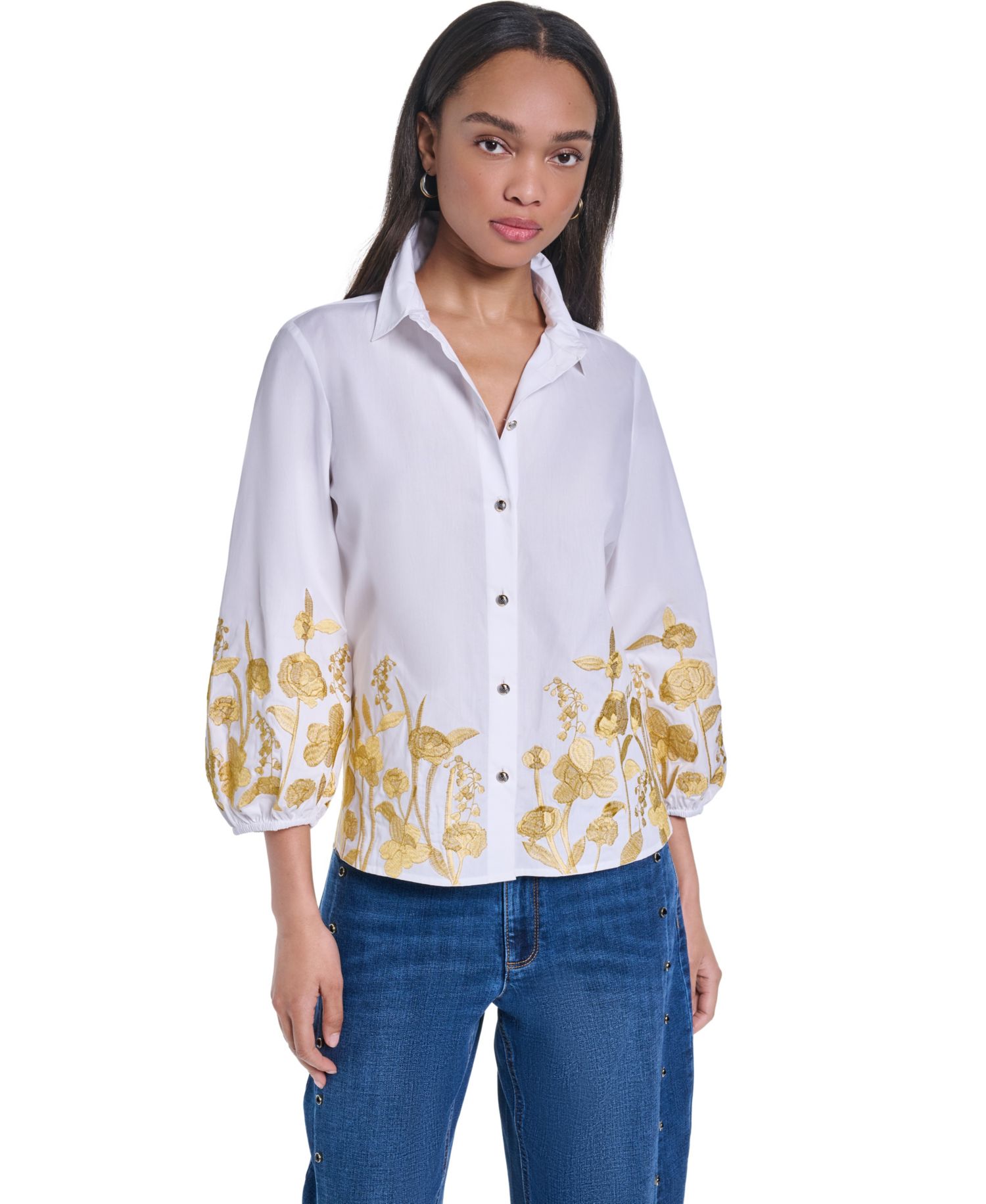 Women's Gold-Tone Embroidery Puff-Sleeve Button-Front Blouse