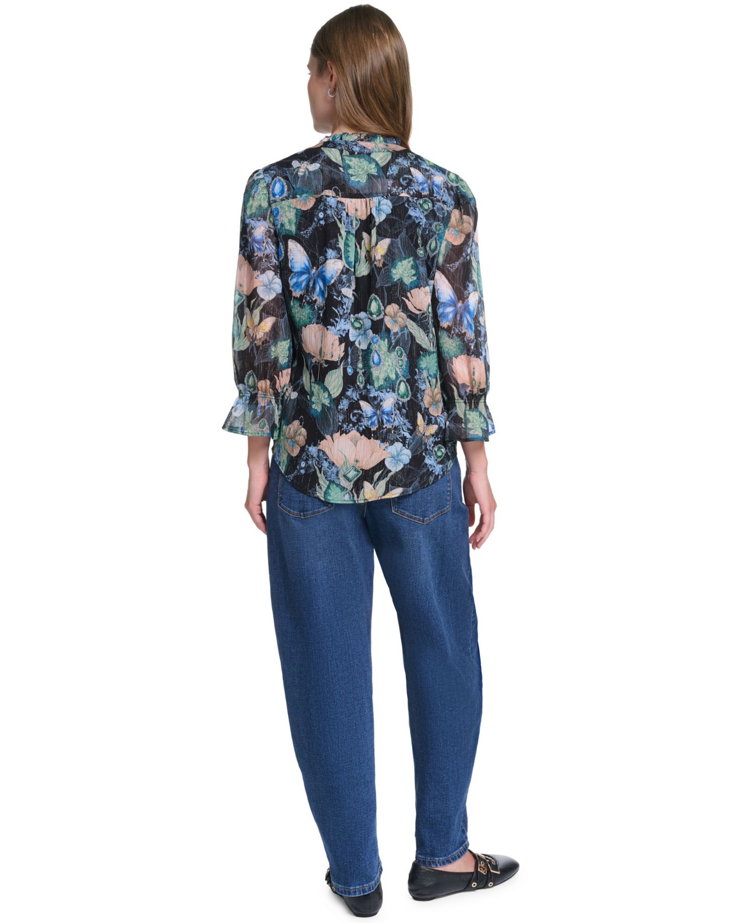 Women's Ruffle Collar Printed Chiffon Button-Up Blouse