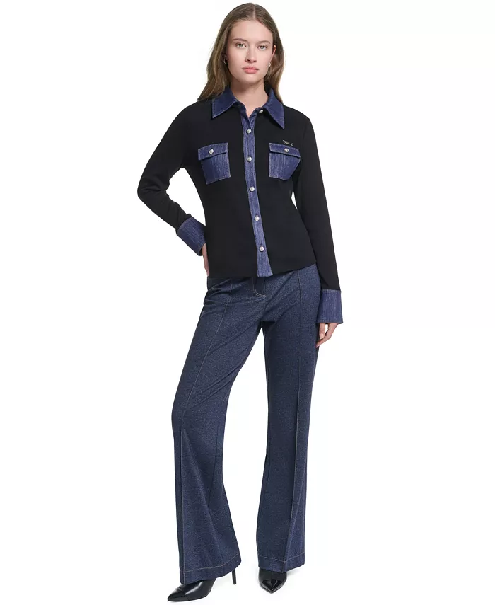 Women's Denim Collar and Cuffs Knit Button-Up Top - thumbnail 2