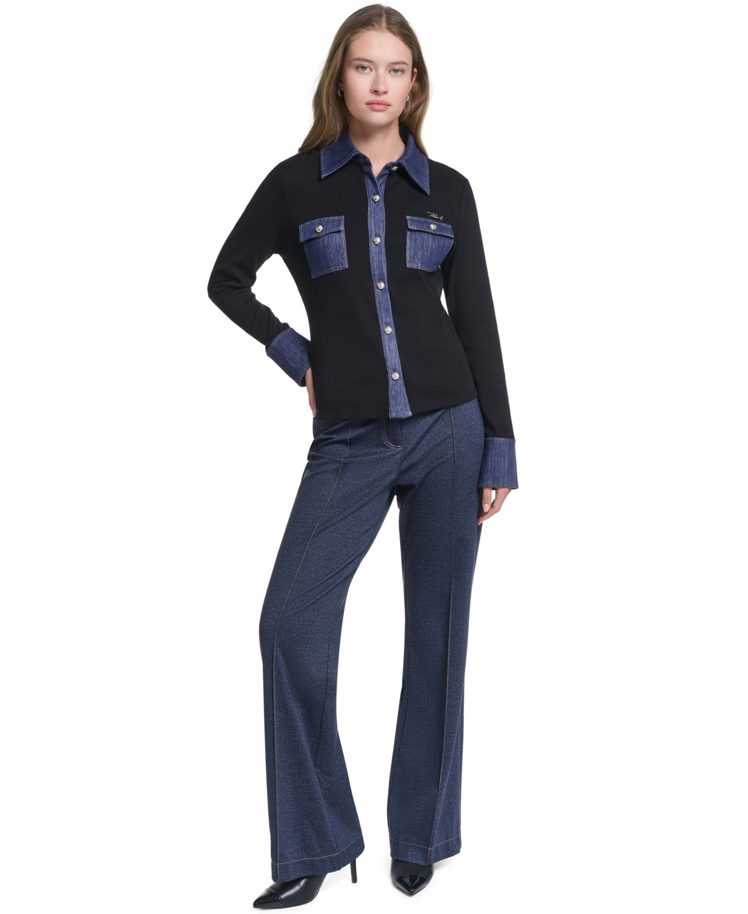 Women's Denim Collar and Cuffs Knit Button-Up Top