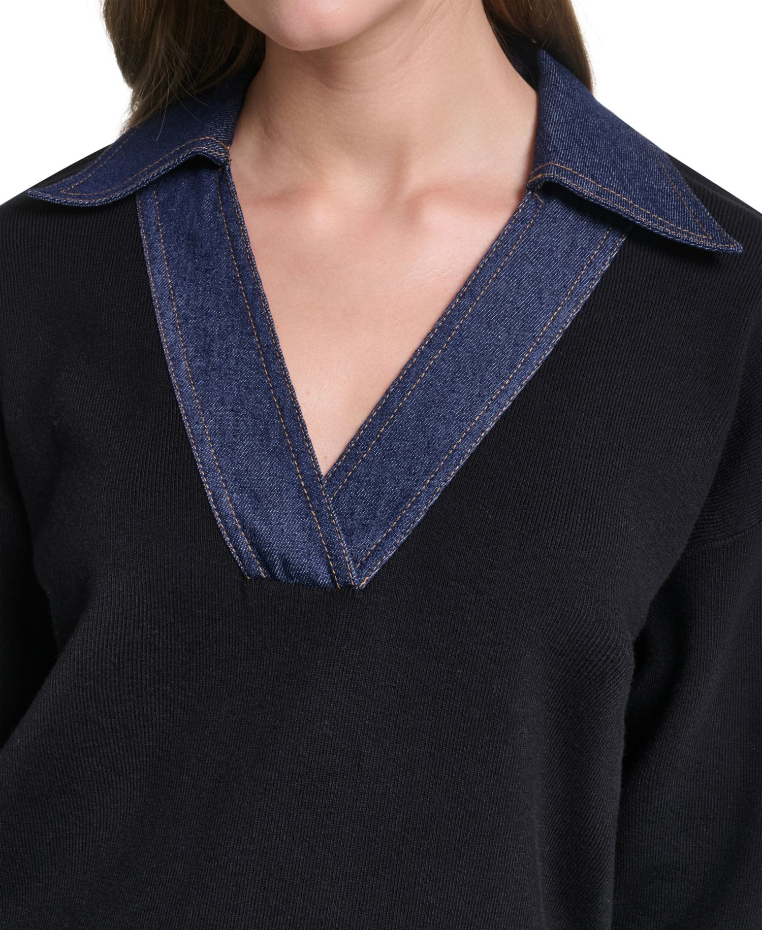 Women's Denim Collar V-Neck Sweater