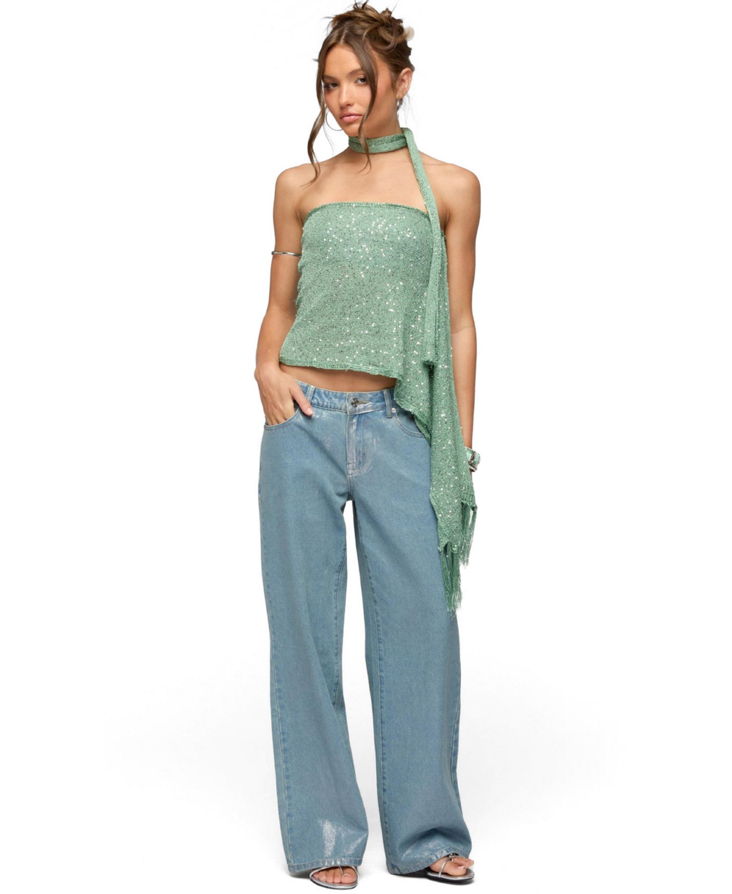 Women's Two-Piece Sequin Knit Scarf Top