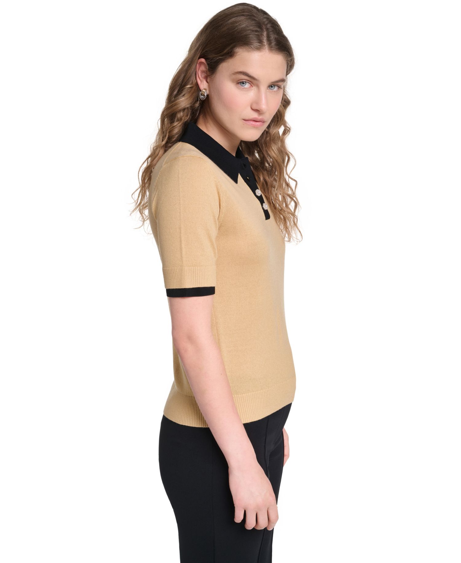 Petite Short-Sleeve Contrast Collar Sweater