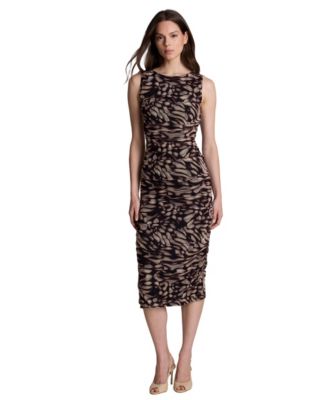 Women's Fully Ruched Printed Mesh Midi Dress