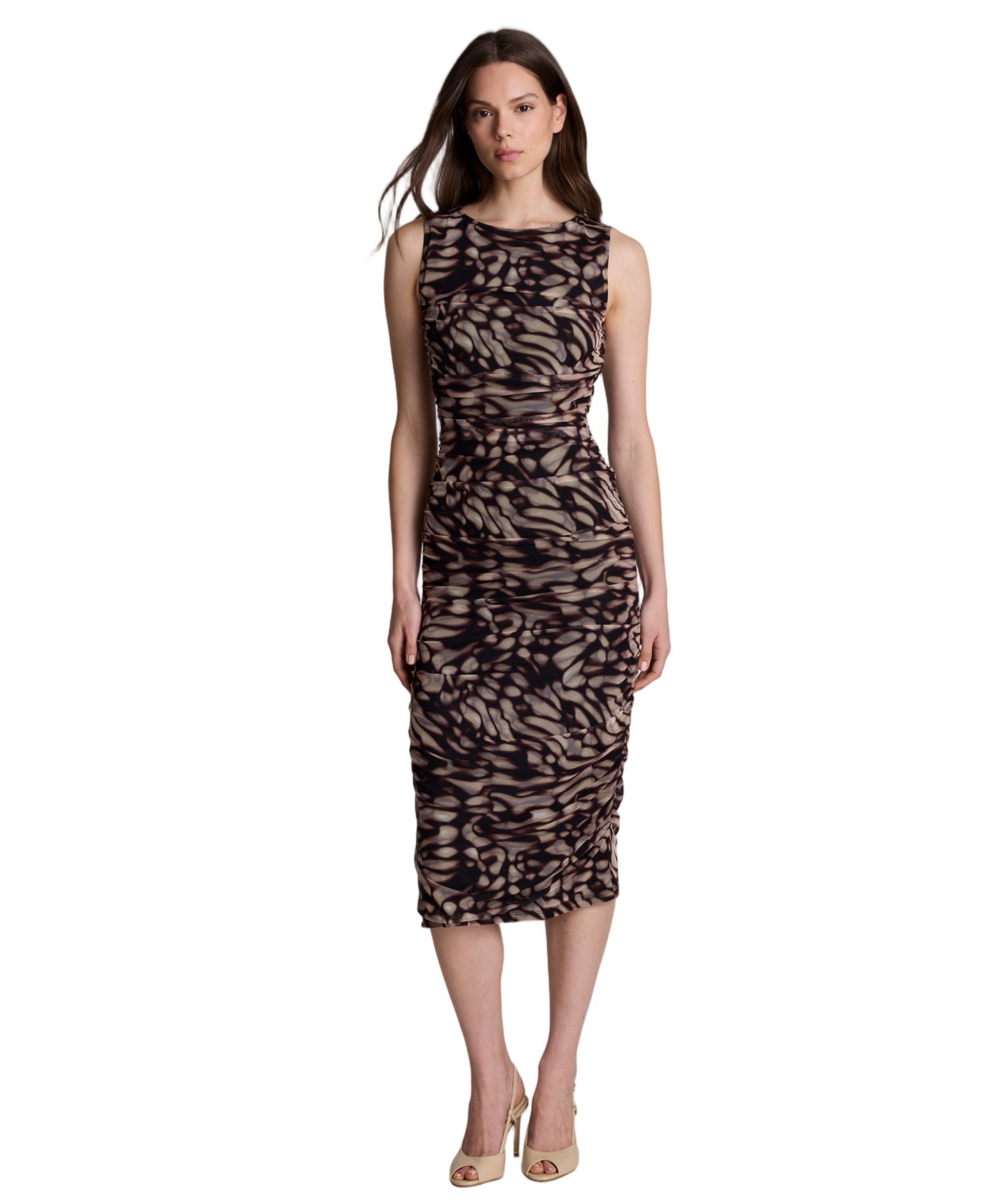 Women's Fully Ruched Printed Mesh Midi Dress