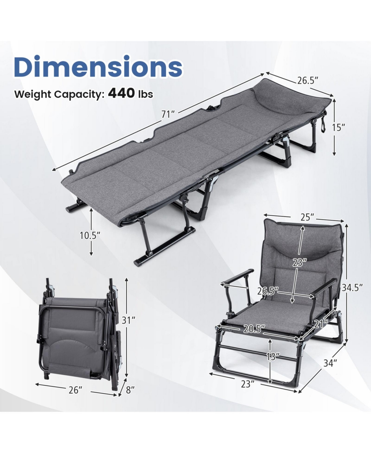 Sugift 3 in 1 Folding Camping Cot Padded Convertible Single Sofa Chair and Sleeper