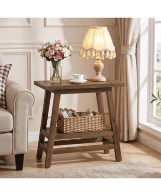 Solid Wood End Table, 2-Tier Small Side Table with Stable A-Frame, Farmhouse Narrow Nightstand, Rectangular Slim Accent Bedside Furniture
