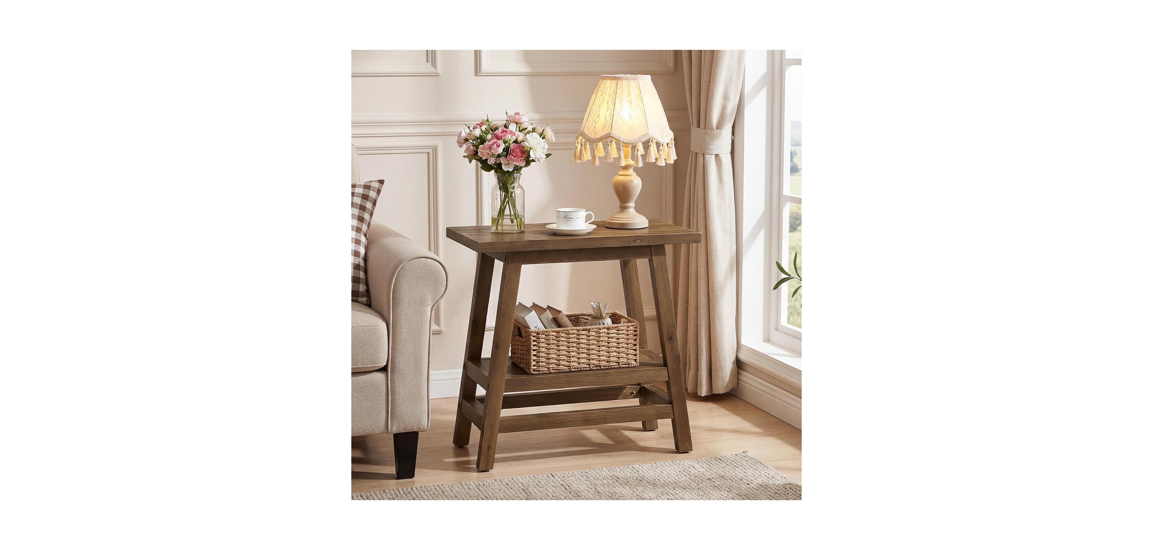 Tribesigns Solid Wood End Table, 2-Tier Small Side Table with Stable A-Frame, Farmhouse Narrow Nightstand, Rectangular Slim Accent Bedside Furniture