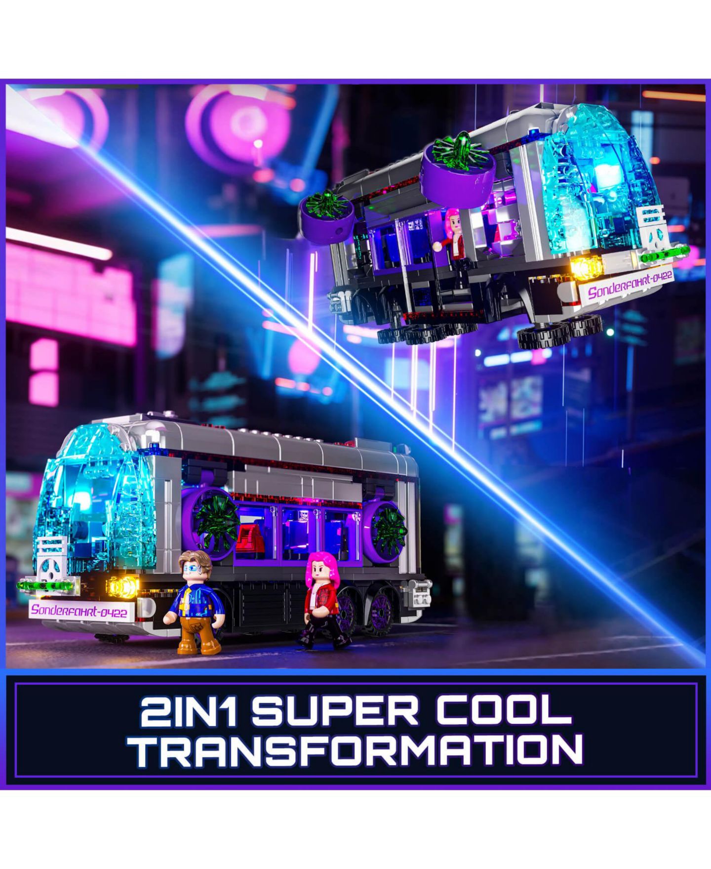 Детский конструктор Lumibricks Cyberpunk Future Bus 605-Piece 2-in-1 LED Light Building Set, Ages 16+ — фото 8