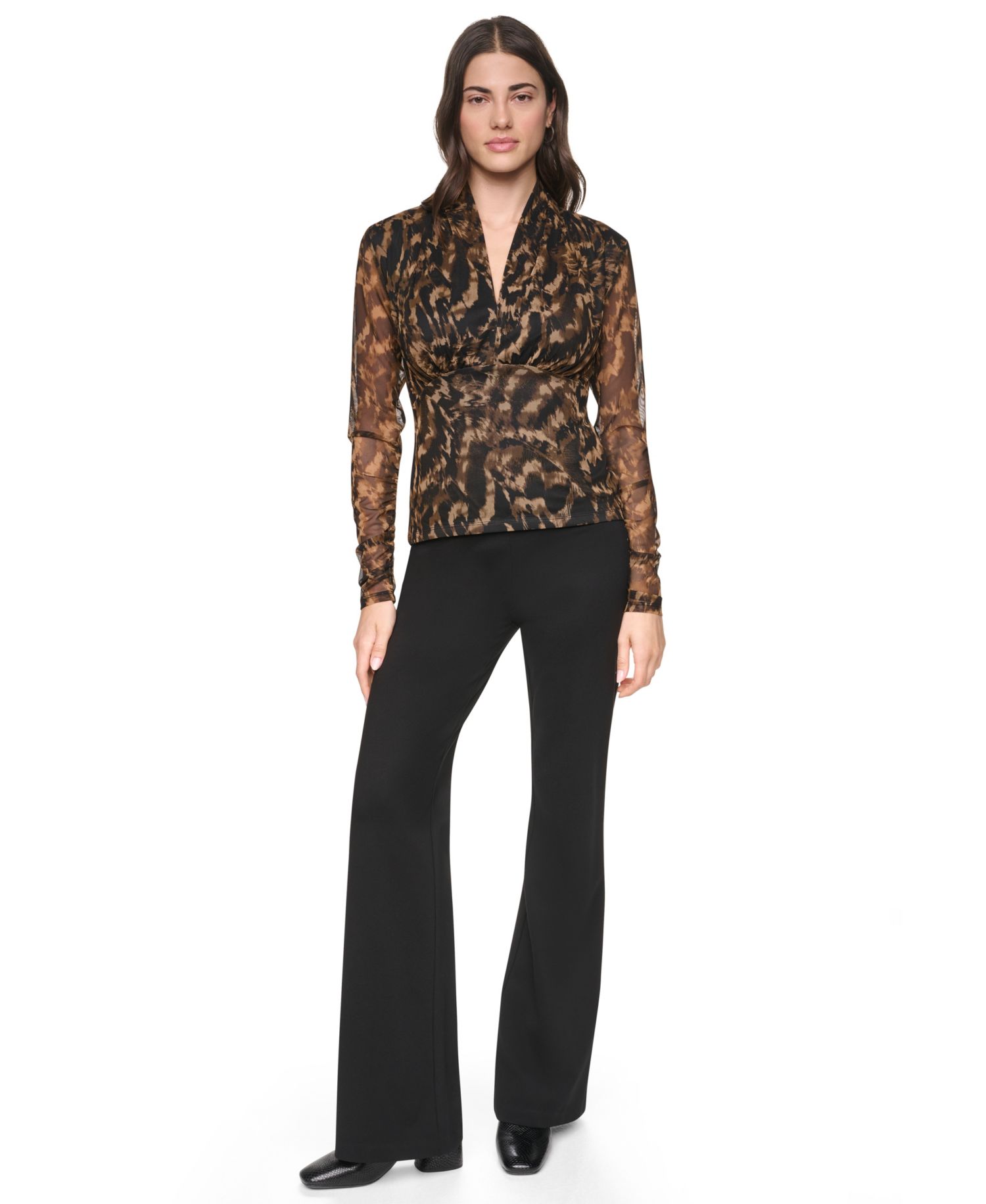 Women's Printed Mesh V-Neck Long-Sleeve Top