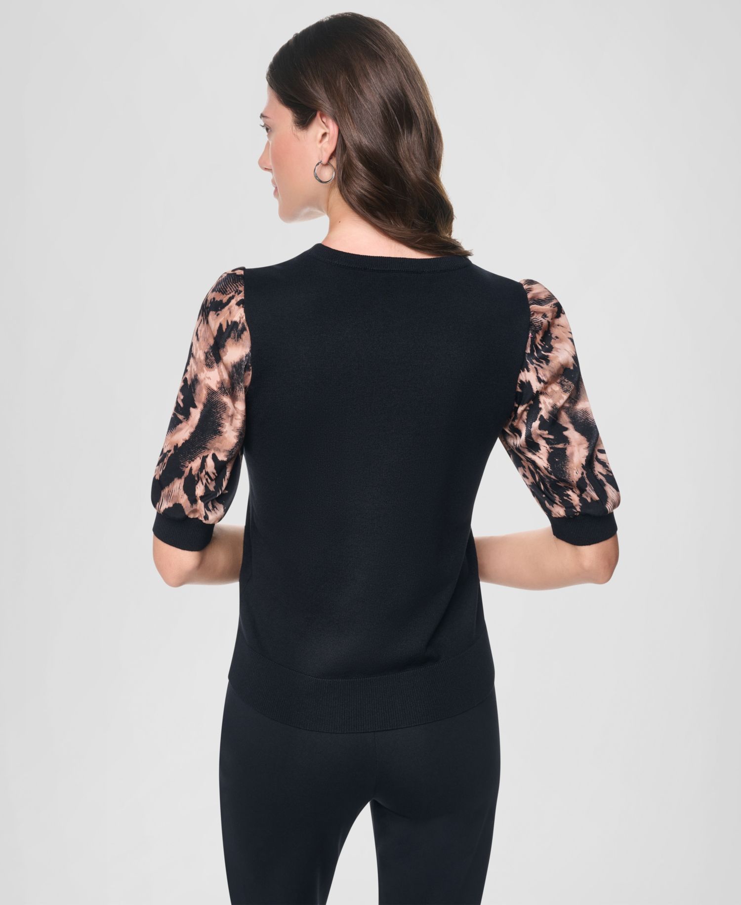 Women's Printed Twist-Sleeve Mix Media Sweater