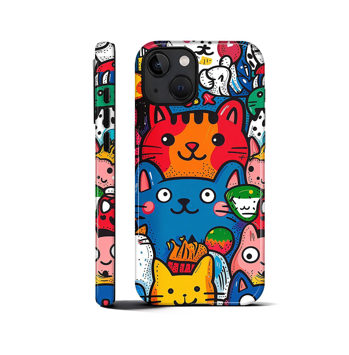 Gonez Case for iPhone 15, 2-in-1 Dual-Layer Shockproof Protection, Funny Cat Art Glossy Case - Happy cat friends