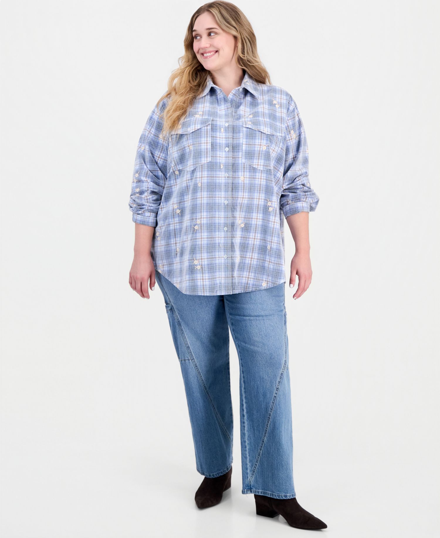 Trendy Plus Size Long-Sleeve Plaid Cord-Embroidered Blouse