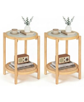 Room > End and Side Tables Gymax 2PCS Round Side Table w/Tempered Glass Top Storage Shelf Acacia Wood Legs