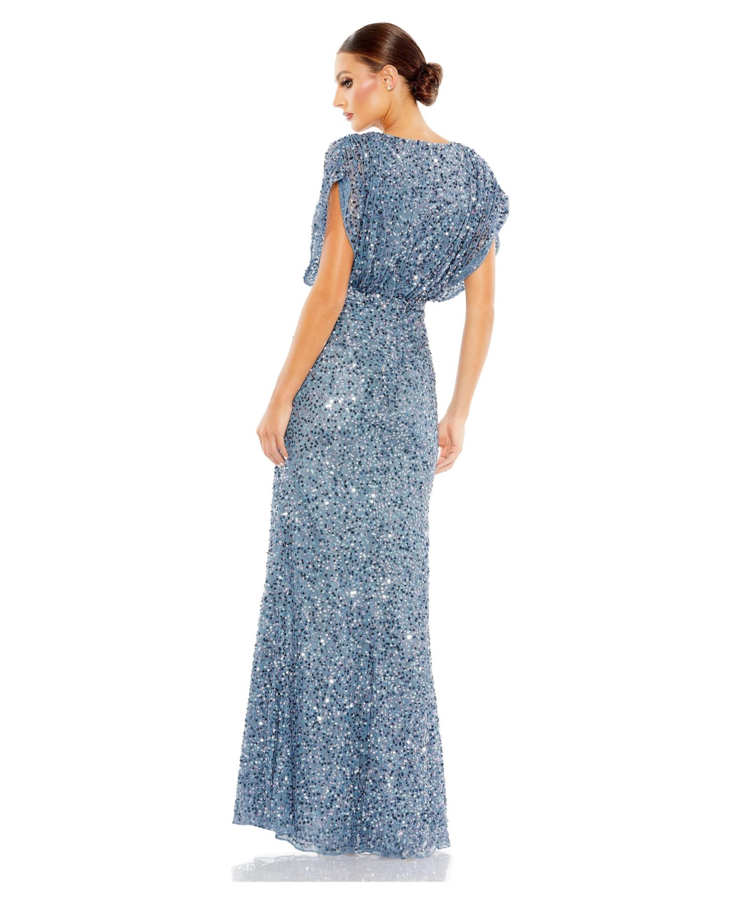Women's Petite Draped Sleeve V Neck Gown