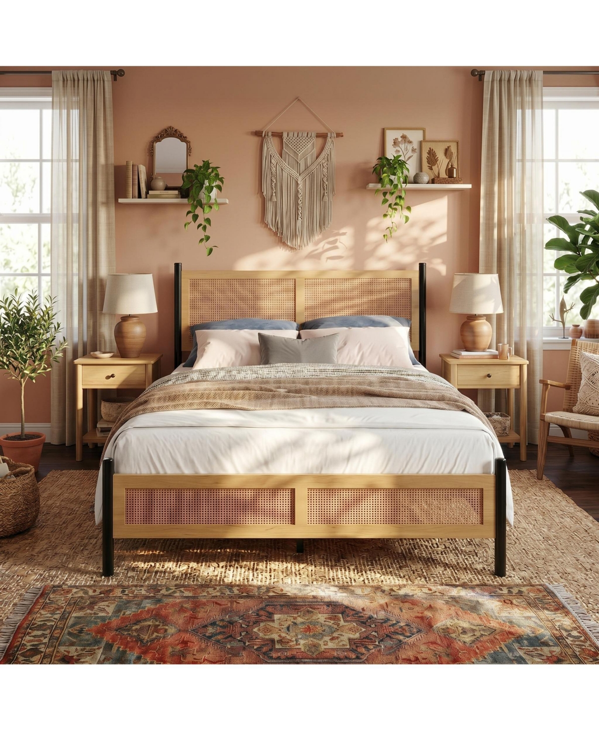 Gaomon Rattan Bed Frame with woven headboard and footboard, sturdy slatted support, no box spring needed, perfect for bedroom