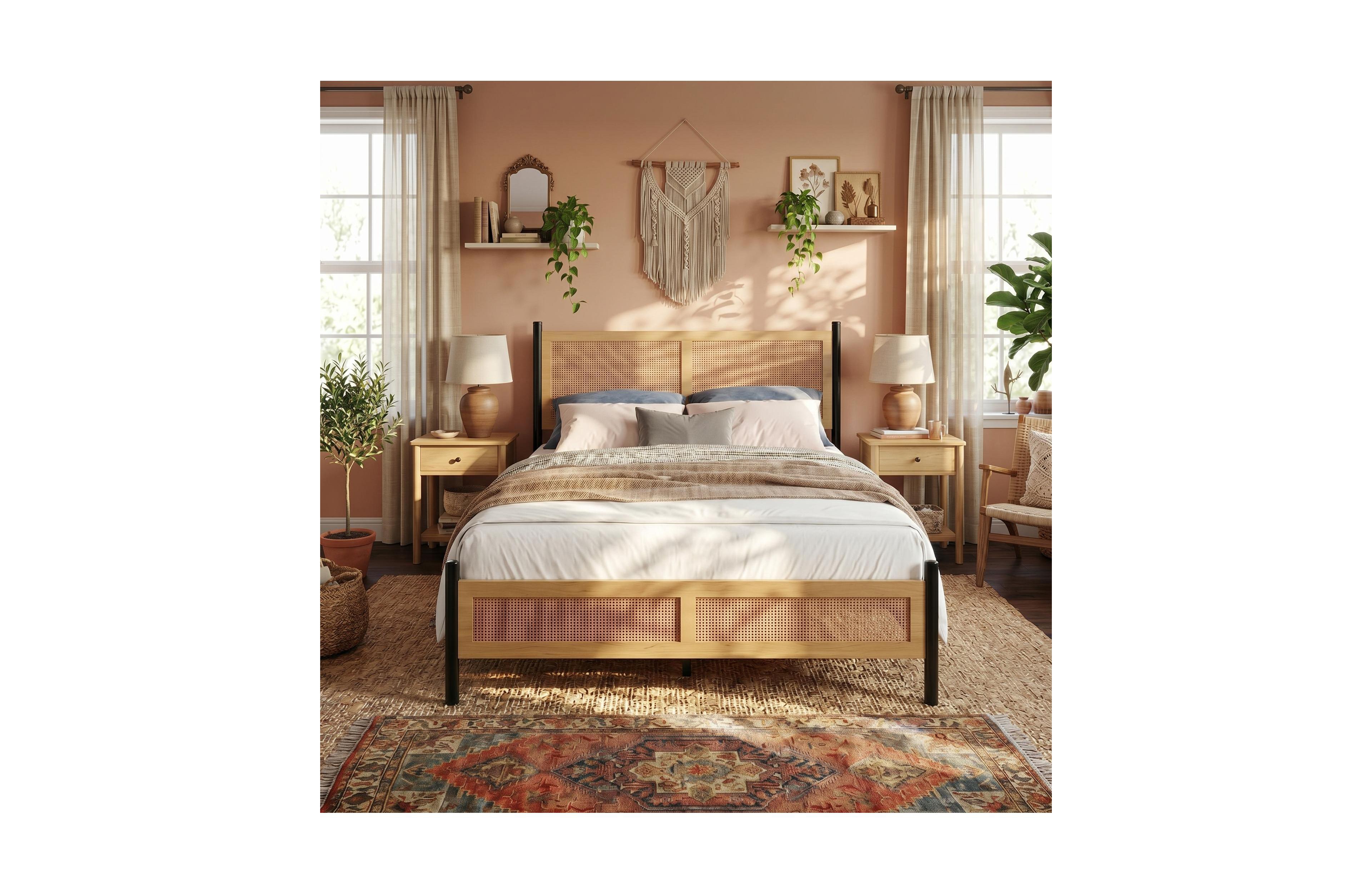 Gaomon Rattan Bed Frame with woven headboard and footboard, sturdy slatted support, no box spring needed, perfect for bedroom