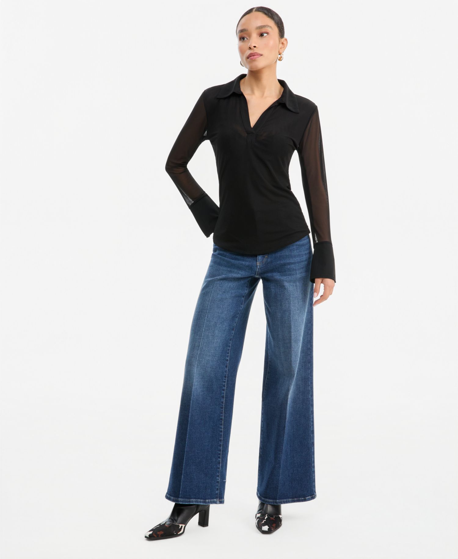 Women's Mesh Collared Long-Sleeve Top