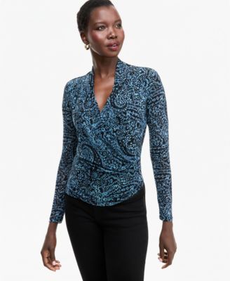 Women's Long-Sleeve Surplice Mesh Top