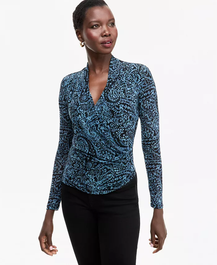 Women's Long-Sleeve Surplice Mesh Top