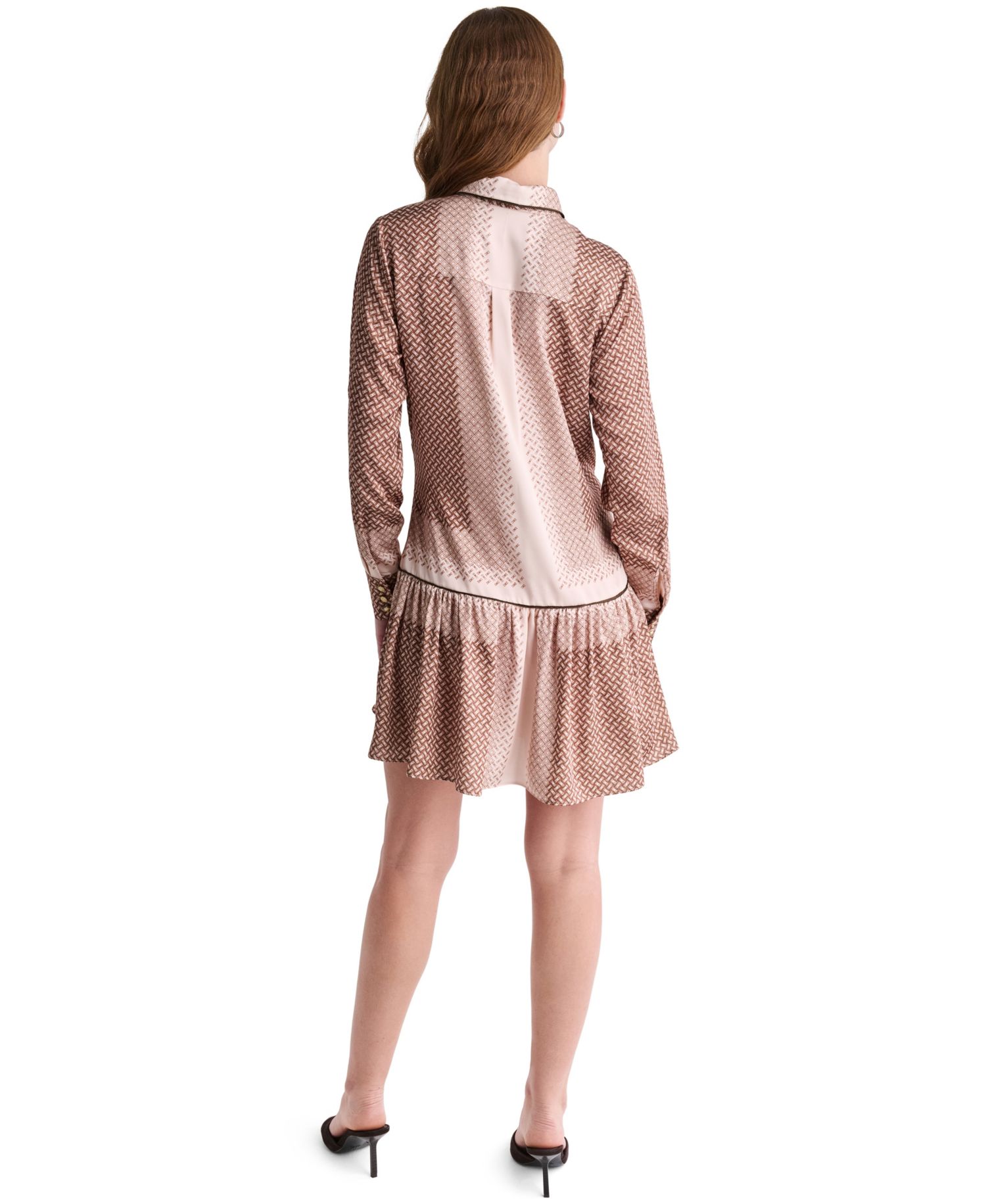 Women's Geometric Print Tie-Neck Long-Sleeve Drop-Waist Dress