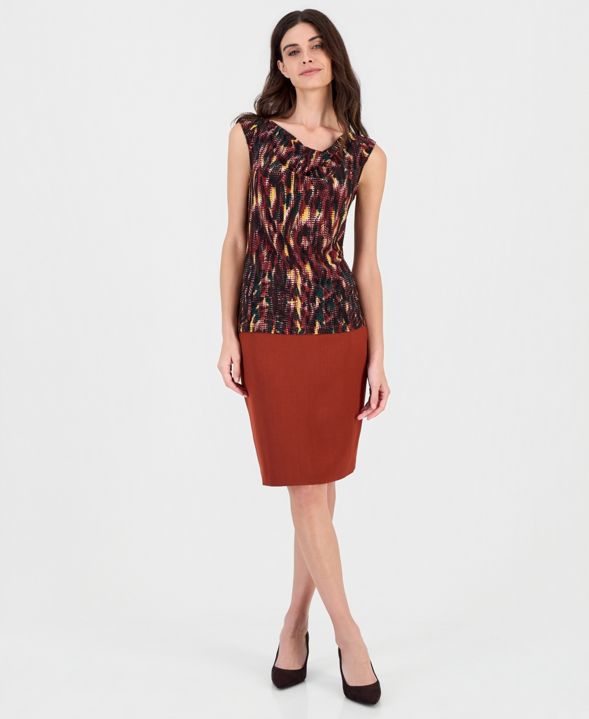 Kasper Petite Shawl Collar C Abstract-Print Cowl Neck Cap-Sleeve Blouse