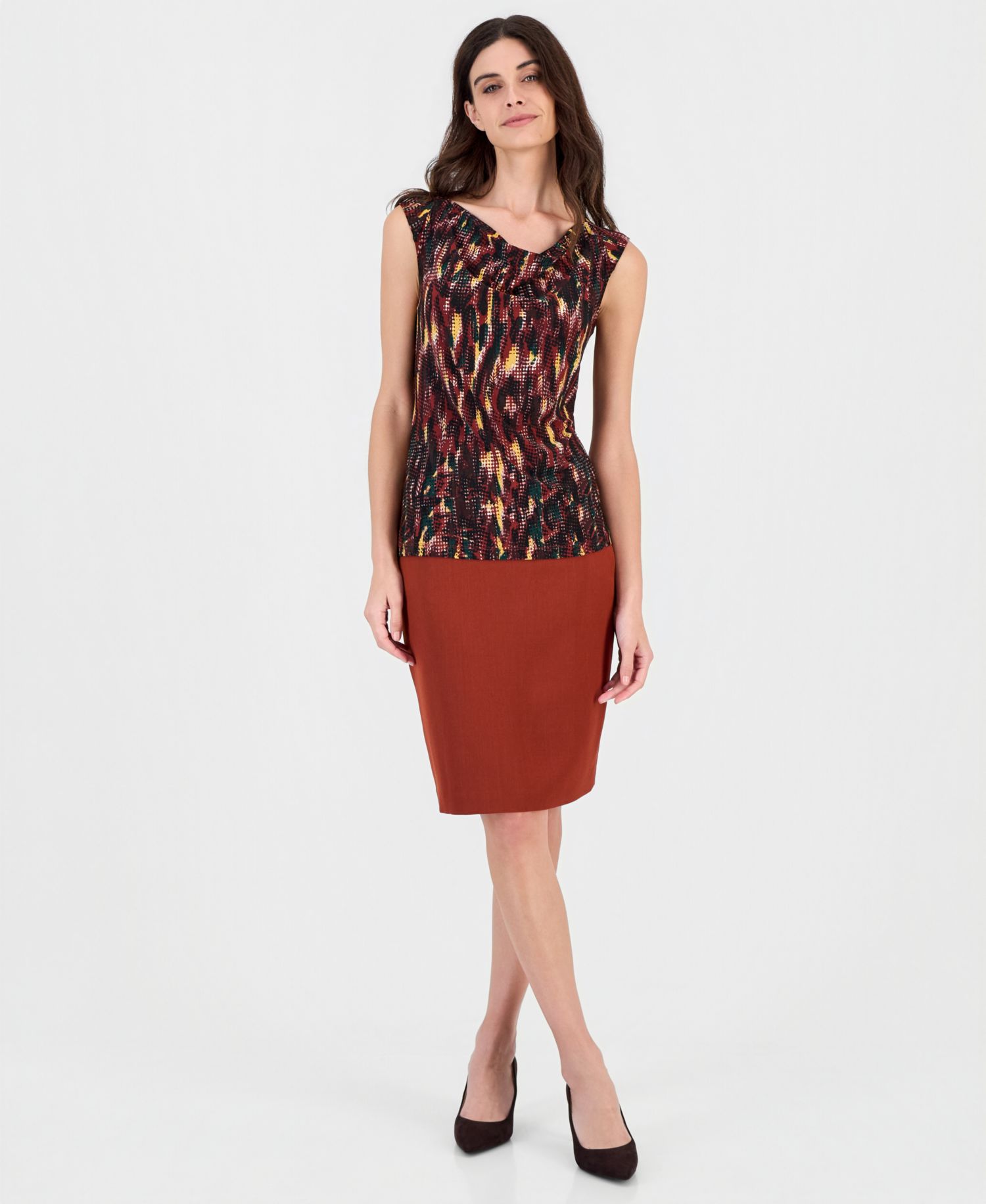 Petite Allover-Print Cap-Sleeve Cowl-Neck Blouse